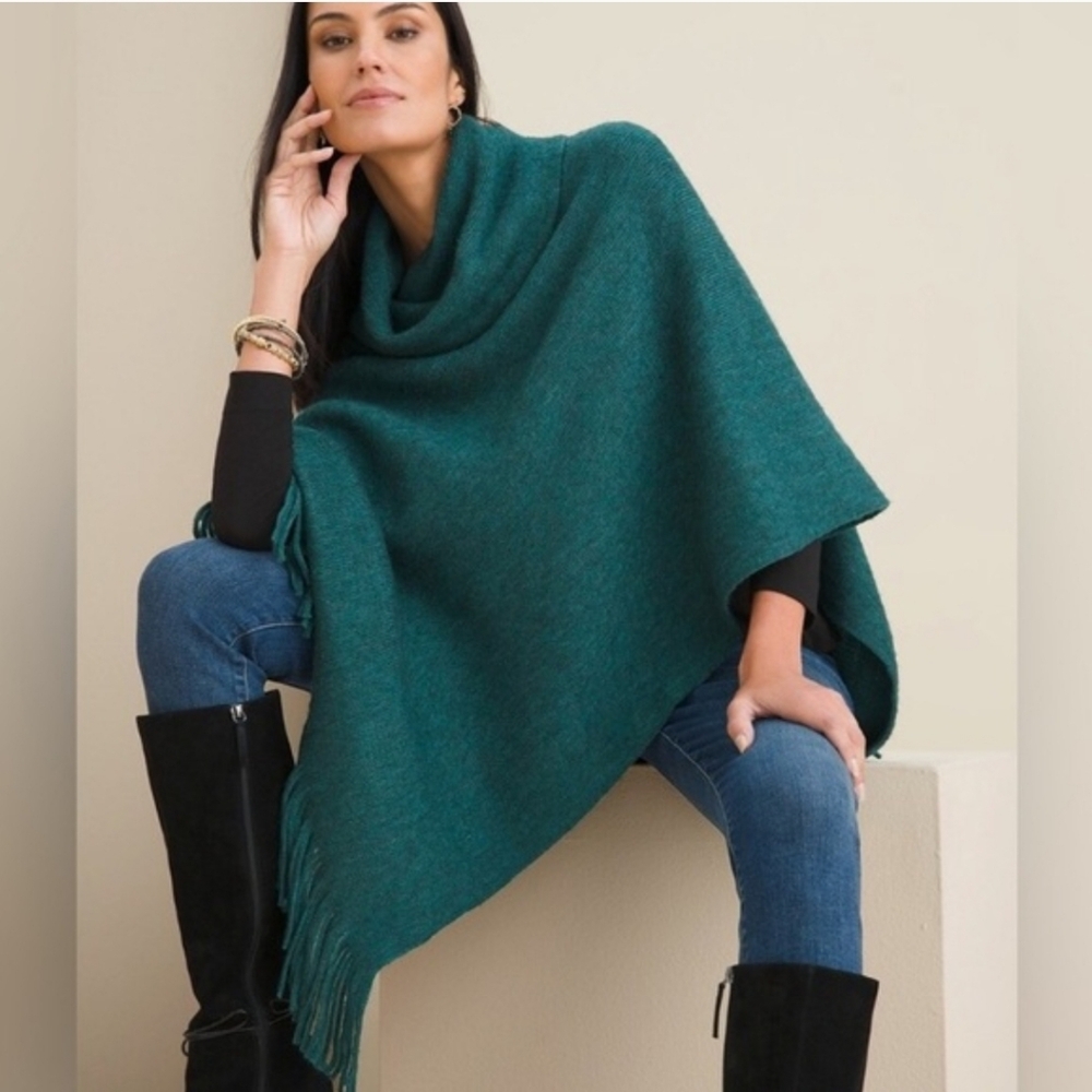 Chico's Women Jasper Green Knit Cowl Neck Poncho Sweater Fringe Boho Western